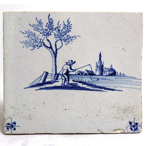 Set of Three Dutch Delft Blue and White Pottery Square Fisherman Tiles