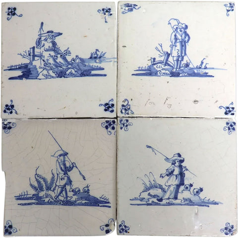 Set of Four Dutch Delft Blue and White Pottery Square Figural Shepherd Tiles