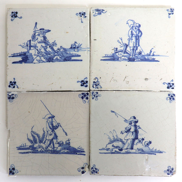 Set of Four Dutch Delft Blue and White Pottery Square Figural Shepherd Tiles