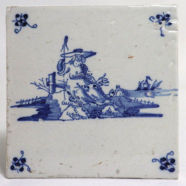 Set of Four Dutch Delft Blue and White Pottery Square Figural Shepherd Tiles