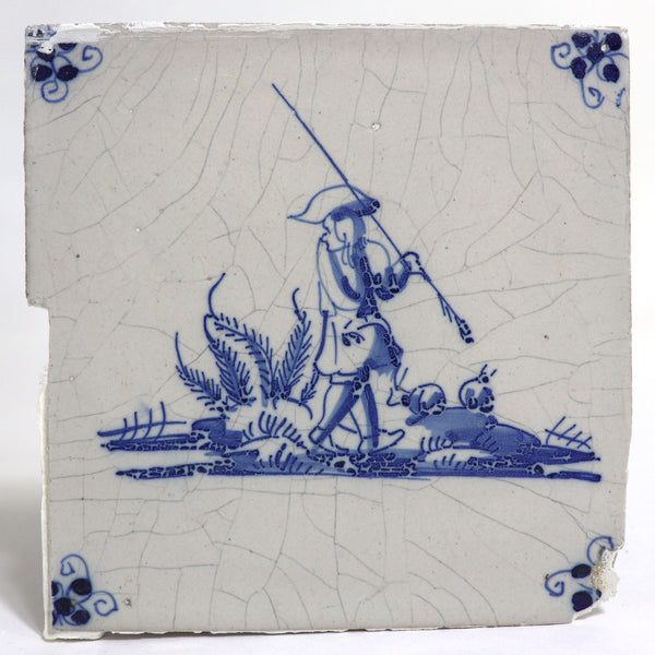 Set of Four Dutch Delft Blue and White Pottery Square Figural Shepherd Tiles