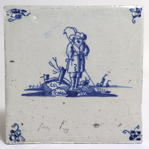 Set of Four Dutch Delft Blue and White Pottery Square Figural Shepherd Tiles