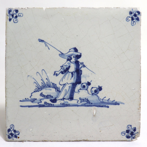 Set of Four Dutch Delft Blue and White Pottery Square Figural Shepherd Tiles