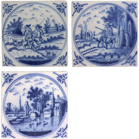 Set of Three Dutch Delft Blue and White Pottery Square Landscape Tiles