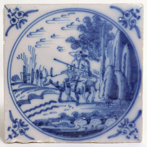 Set of Three Dutch Delft Blue and White Pottery Square Landscape Tiles