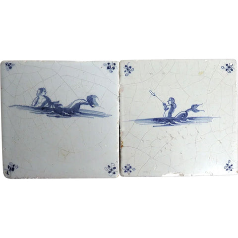 Set of Two Dutch Delft Blue and White Pottery Mythological Sea Creature Tiles