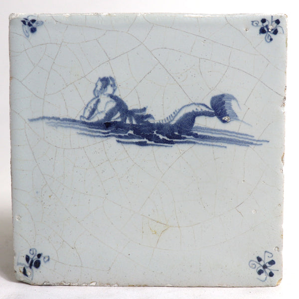 Set of Two Dutch Delft Blue and White Pottery Mythological Sea Creature Tiles