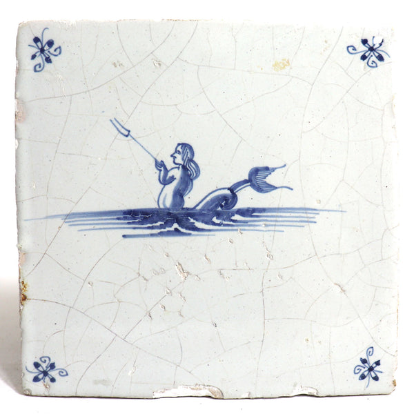 Set of Two Dutch Delft Blue and White Pottery Mythological Sea Creature Tiles