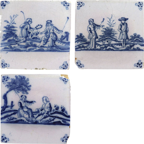 Three Dutch Delft Blue and White Pottery Square Figural Landscape Tiles