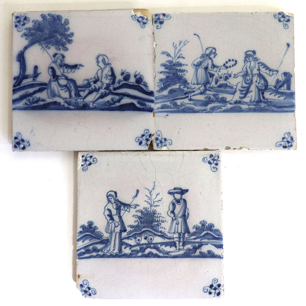 Three Dutch Delft Blue and White Pottery Square Figural Landscape Tiles
