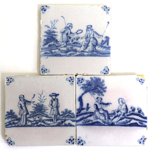 Three Dutch Delft Blue and White Pottery Square Figural Landscape Tiles