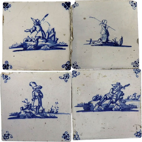 Set of Four Dutch Delft Blue and White Pottery Square Figural Tiles