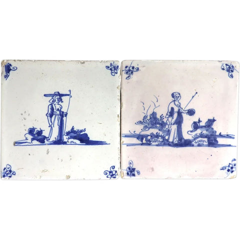 Set of Two Dutch Delft Blue and White Pottery Square Figural Tiles