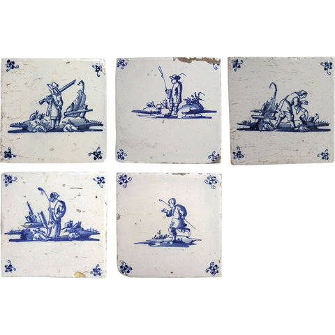 Set of Five Dutch Delft Blue and White Pottery Square Figural Tiles