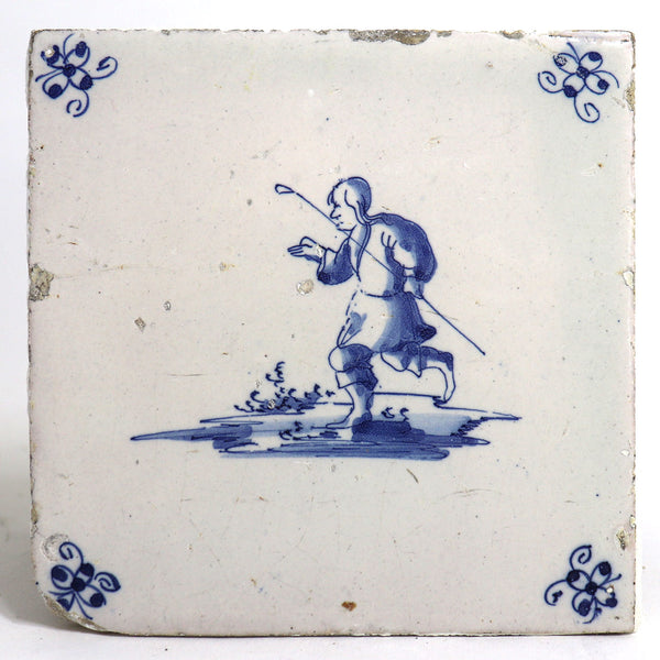 Set of Five Dutch Delft Blue and White Pottery Square Figural Tiles