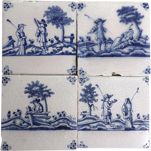 Set of Four Dutch Delft Blue and White Pottery Square Figural Landscape Tiles