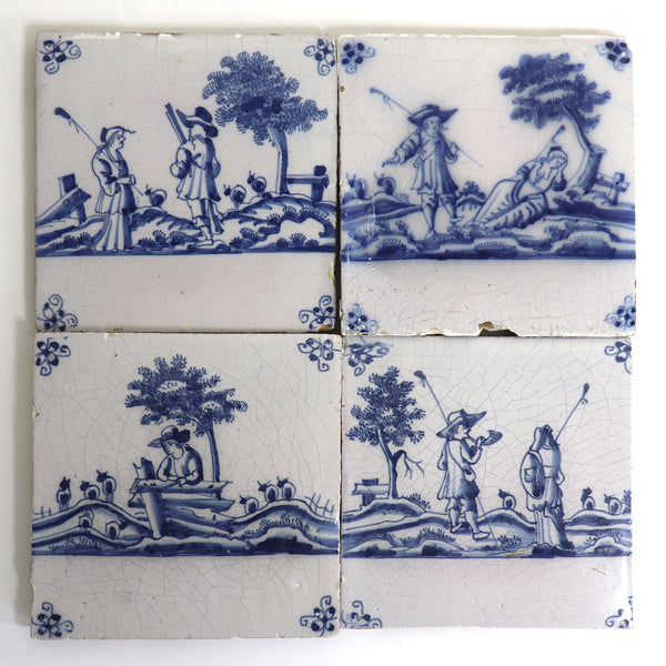 Set of Four Dutch Delft Blue and White Pottery Square Figural Landscape Tiles