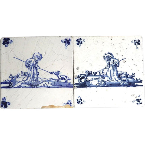 Set of Two Dutch Delft Blue and White Pottery Square Religious Tiles