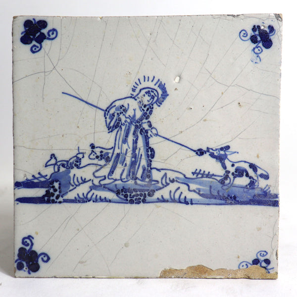 Set of Two Dutch Delft Blue and White Pottery Square Religious Tiles