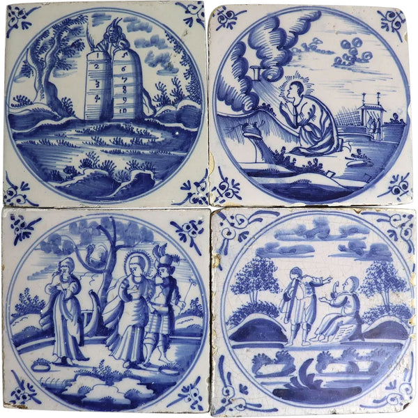 Set of Four Dutch Delft Blue and White Pottery Square Religious Tiles