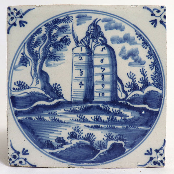 Set of Four Dutch Delft Blue and White Pottery Square Religious Tiles