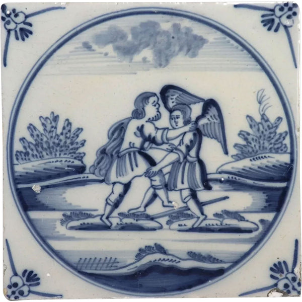 Dutch Delft Blue and White Pottery Jacob Wrestling Angel Religious Tile
