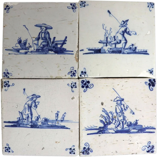 Set of Four Dutch Delft Blue and White Pottery Square Figural Tiles