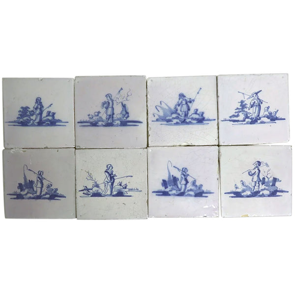 Set of Eight Dutch Delft Blue and White Pottery Square Figural Shepherd Tiles