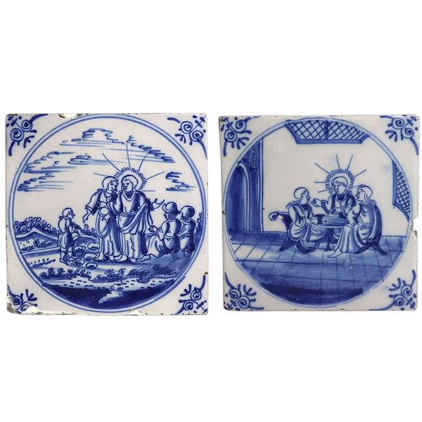 Set of Two Dutch Delft Blue and White Pottery Square Religious Tiles