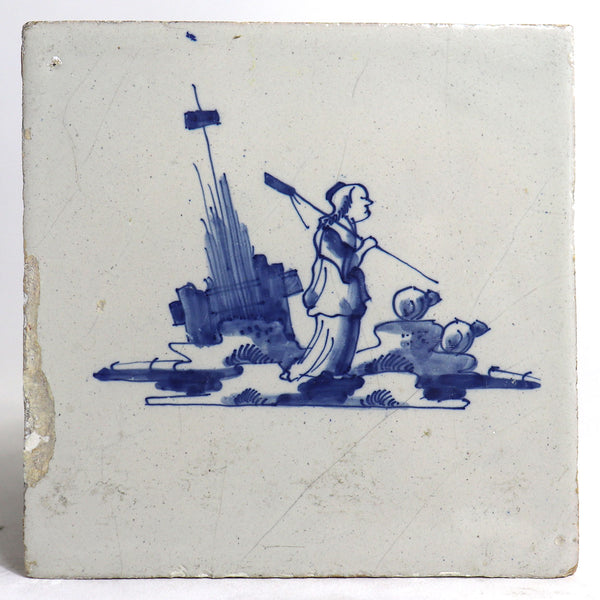 Set of Five Dutch Delft Blue and White Pottery Square Figural Shepherd Tiles