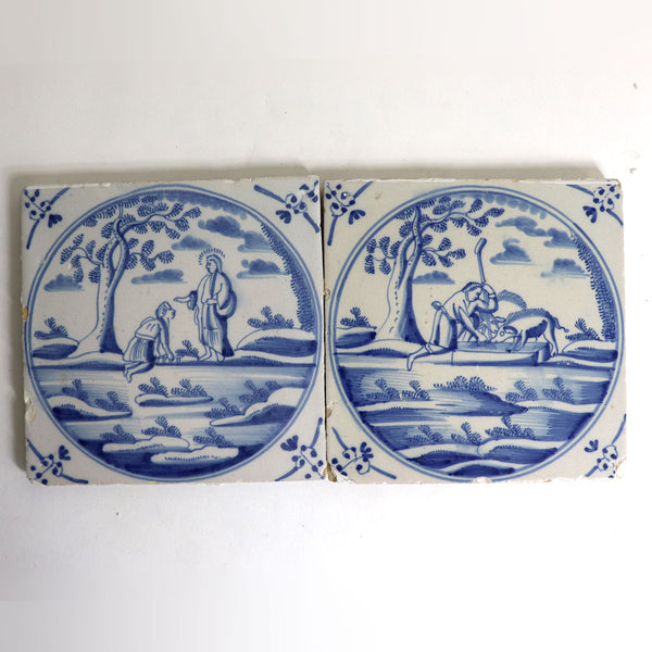 Set of Two Dutch Delft Blue and White Pottery Square Figural Tiles