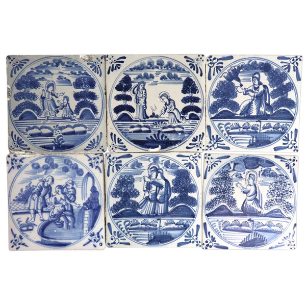 Set of Six Dutch Delft Blue and White Pottery Square Religious Tiles