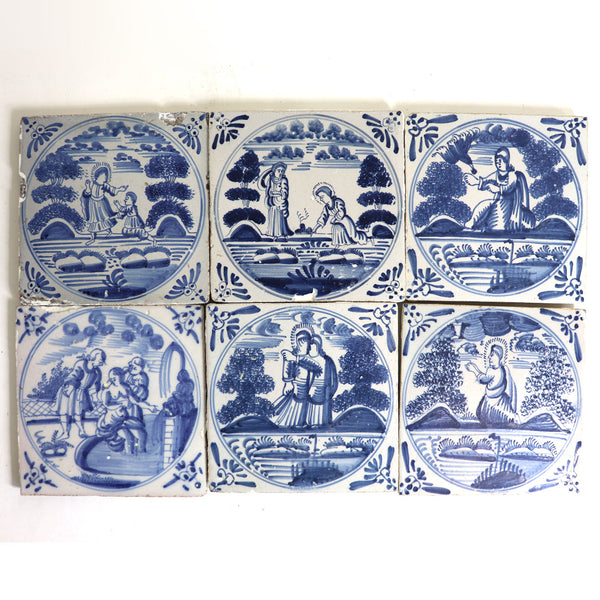 Set of Six Dutch Delft Blue and White Pottery Square Religious Tiles