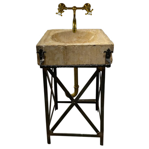 European 17th Century Limestone Farm Sink on Custom Iron Stand with Faucet