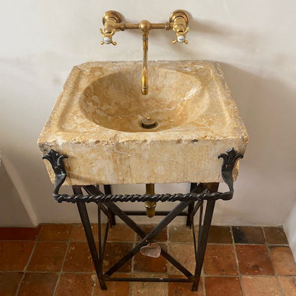 European 17th Century Limestone Farm Sink on Custom Iron Stand with Faucet