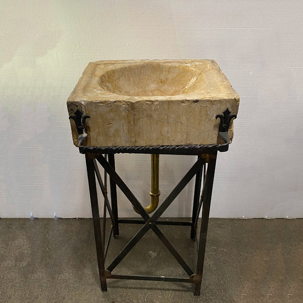 European 17th Century Limestone Farm Sink on Custom Iron Stand with Faucet