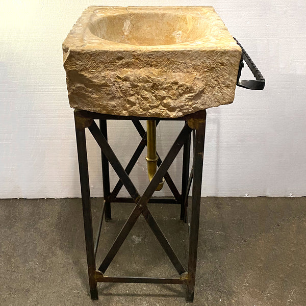 European 17th Century Limestone Farm Sink on Custom Iron Stand with Faucet