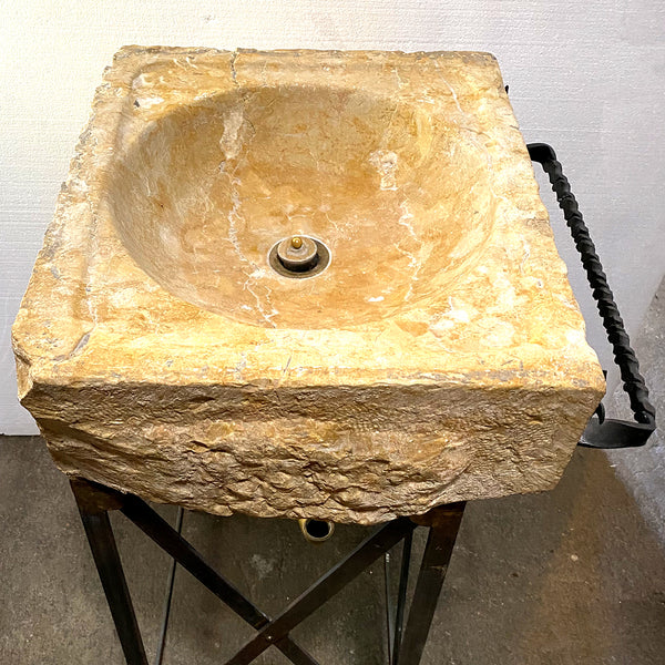 European 17th Century Limestone Farm Sink on Custom Iron Stand with Faucet