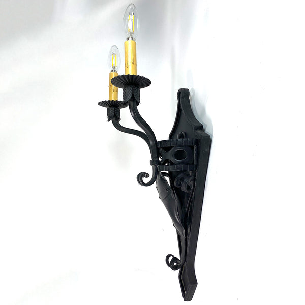 Vintage American Wrought Iron Armorial Two-Light Wall Sconce