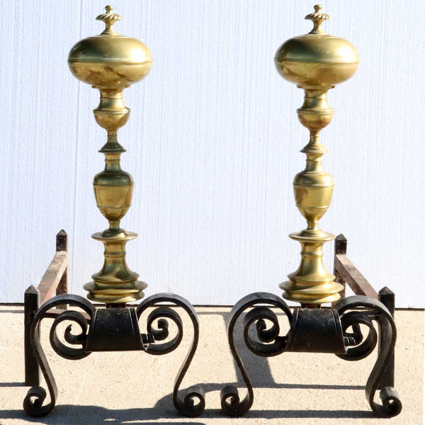 Large Pair of Italian Baroque Revival Brass and Wrought Iron Fireplace Andirons