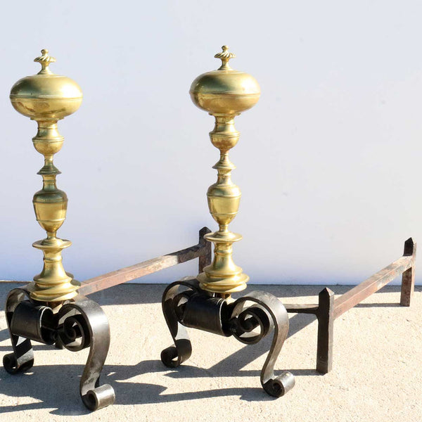 Large Pair of Italian Baroque Revival Brass and Wrought Iron Fireplace Andirons