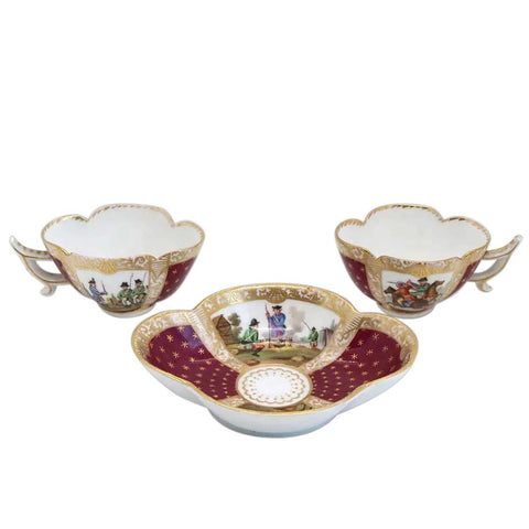 Pair of German Dresden Helena Wolfsohn Studio Gilt Porcelain Tea Cups and Saucer