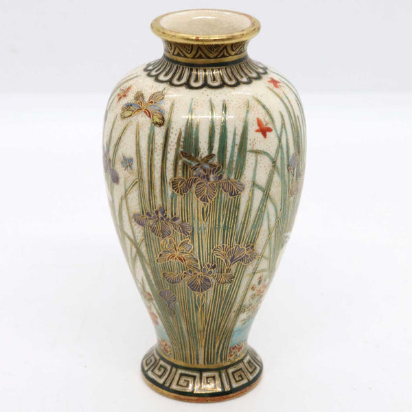Miniature Japanese Meiji Satsuma Gilt Porcelain Baluster Iris and Crane Vase