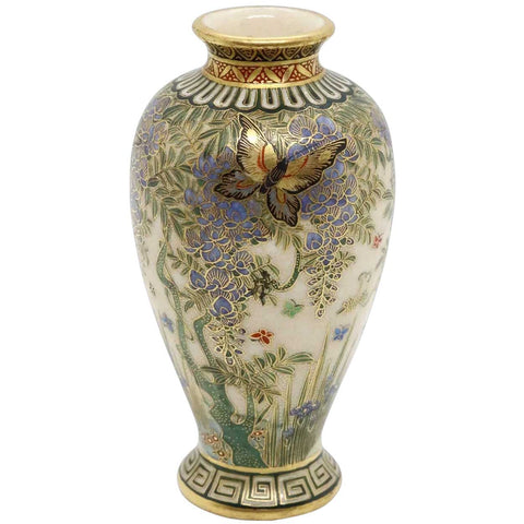 Miniature Japanese Meiji Satsuma Gilt Pottery Baluster Butterfly Vase