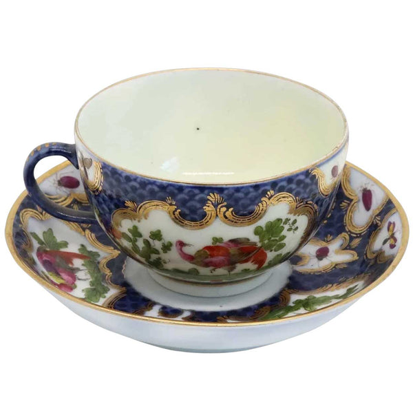 English 1st Period Worcester Gilt Porcelain Fancy Bird Pattern Tea Cup and Saucer