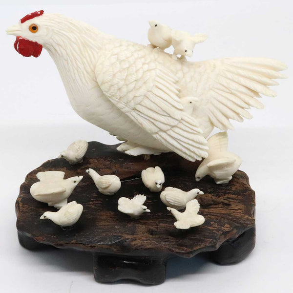 Vintage Chinese Export KUOK KUONG Ivory Hen and Chicks Carving