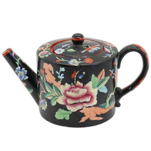 Scarce Miniature English Davenport Earthenware Floral Black Teapot