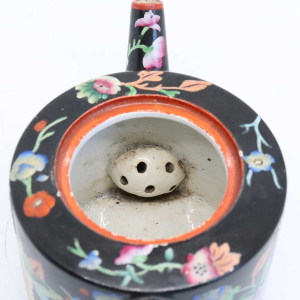 Scarce Miniature English Davenport Earthenware Floral Black Teapot