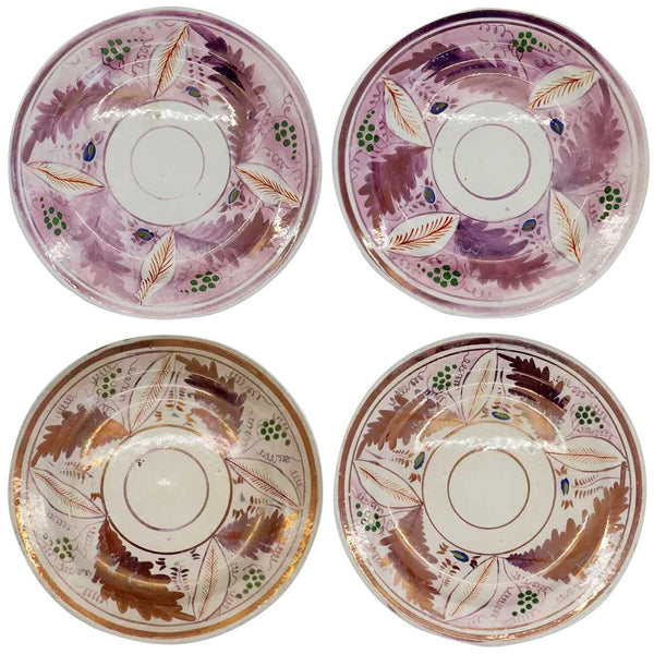 Set of Four English Staffordshire Lusterware Pottery Copper and Pink Foliate Pattern Plates