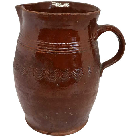 American New England Glazed and Incised Redware Pottery One-Handle Jug / Pitcher